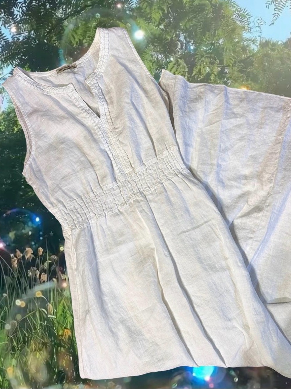 Italian Linen Fairycore Goddes White Smocked Waist Dress